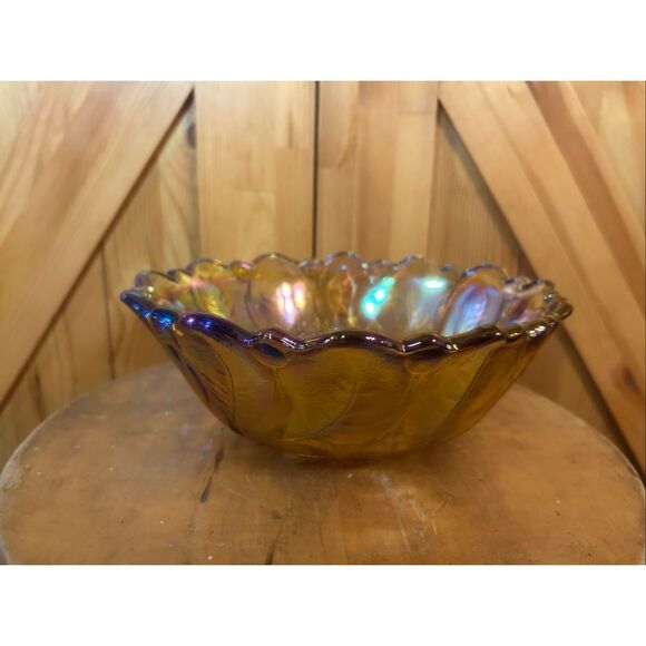 Indiana Carnival Glass Iridescent Gold Footed Bowl 9" Marigold (5755) - Picture 2 of 11